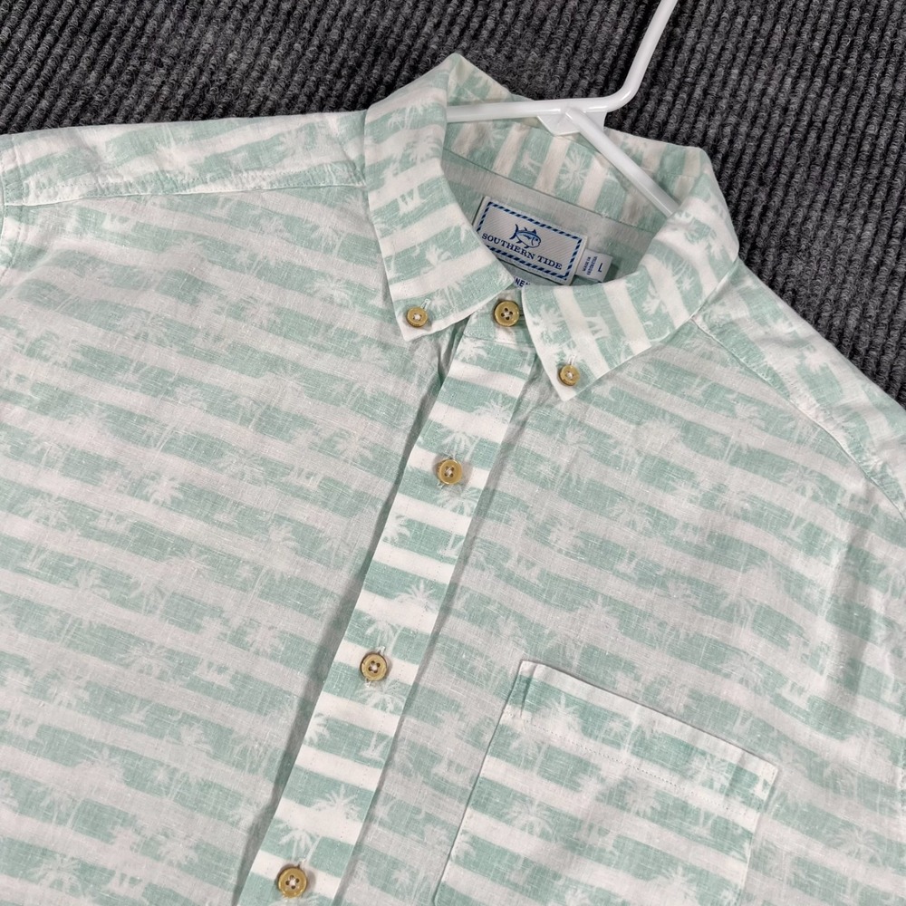 Southern Tide Shirt Mens Large Green Striped Short Sleeve Button Up Linen